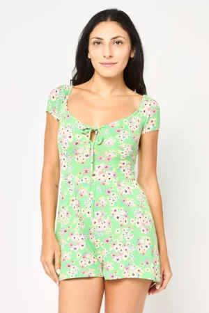 Bershka Women Diamond Neck Floral Short Sleeves Playsuit, Multicolor