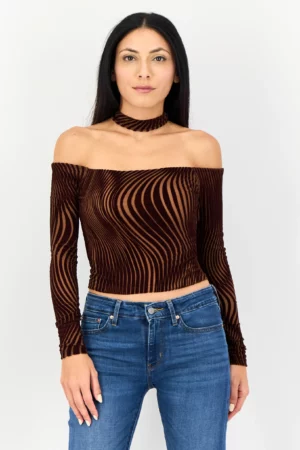 Bershka Women Halter Neck Abstract Pattern Long Sleeve Top, Coffee Brown