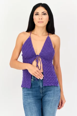 Bershka Women Halter Neck Sleeveless Crochet Top, Purple