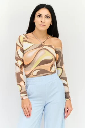 Bershka Women Key Hole Neck Long Sleeve Abstract Crop Top, Multicolor