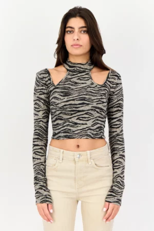 Bershka Women Mock Neck Long Sleeves Animal Print Top, Multicolor