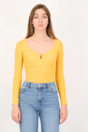 Bershka Women Plain Long Sleeves Bodysuits, Orange