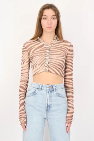 Bershka Women Spread Collar Long Sleeve Animal Print Mesh Blouse, Multicolor