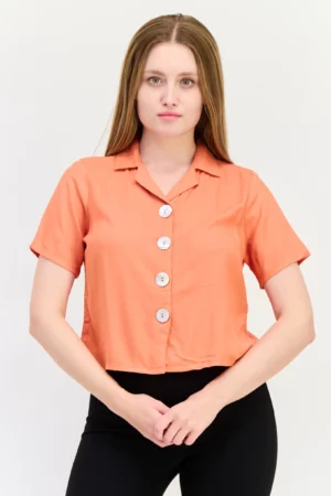Only Women Spread Collar Short Sleeve Solid Blouse, Rust