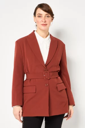 Selected Women Regular Fit Plaid Belted Formal Blazer, Maroon