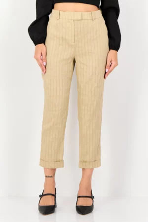 Selected Women Regular Fit Stripe Straight Leg Pants, Tan