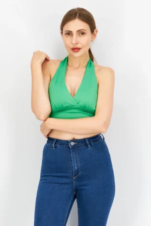Sinsay Women Tie Neck Sleeveless Plain Crop Top, Green