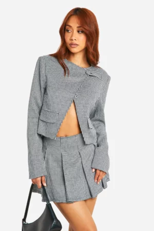 Boohoo Tonal Mini Dogtooth Asymmetric Cropped Blazer