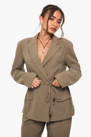 Boohoo Linen Wrap Over Beaded Tie Detail Blazer